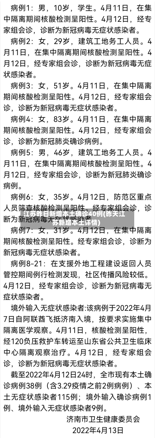 江苏昨日新增本土确诊40例(昨天江苏新增本土详情)